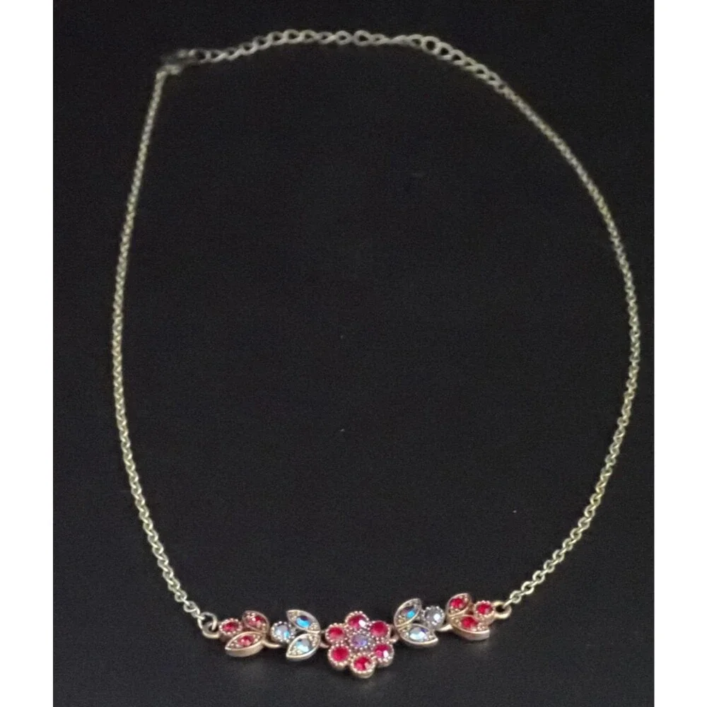 Dainty Red & Aurora Borealis AB Rhinestone Flower Gold Tone Chain Link Necklace